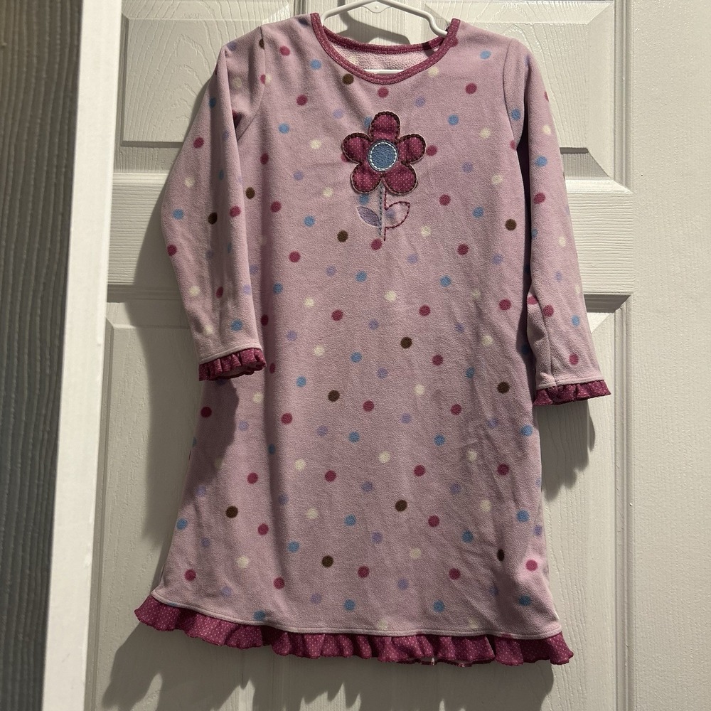 Carter's Girls 4T Fleece Nightgown Purple Polka Dot Flower Ruffle Hem
